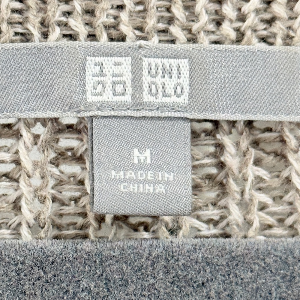 Uniqlo Open Knit Sweater Greige Cotton Blend Crew Pullover Minimalist Layerable - Picture 2 of 5